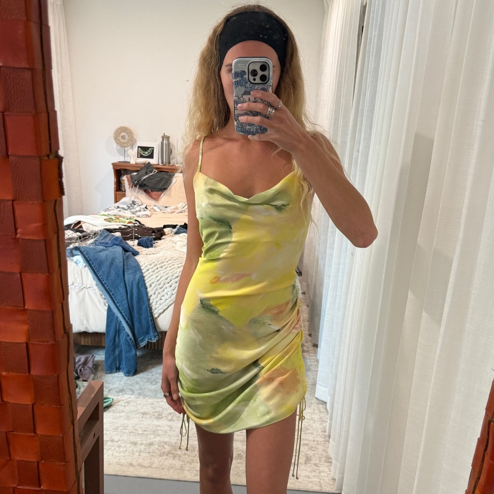 Aritzia yellow and green watercolor silky slip dress. Convertible length.